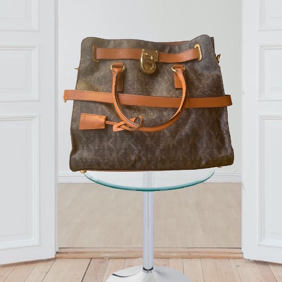 Michael Michael Kors Leather Hamilton Logo Tote Satchel Signature Monogram Bag - Picture 2 of 12